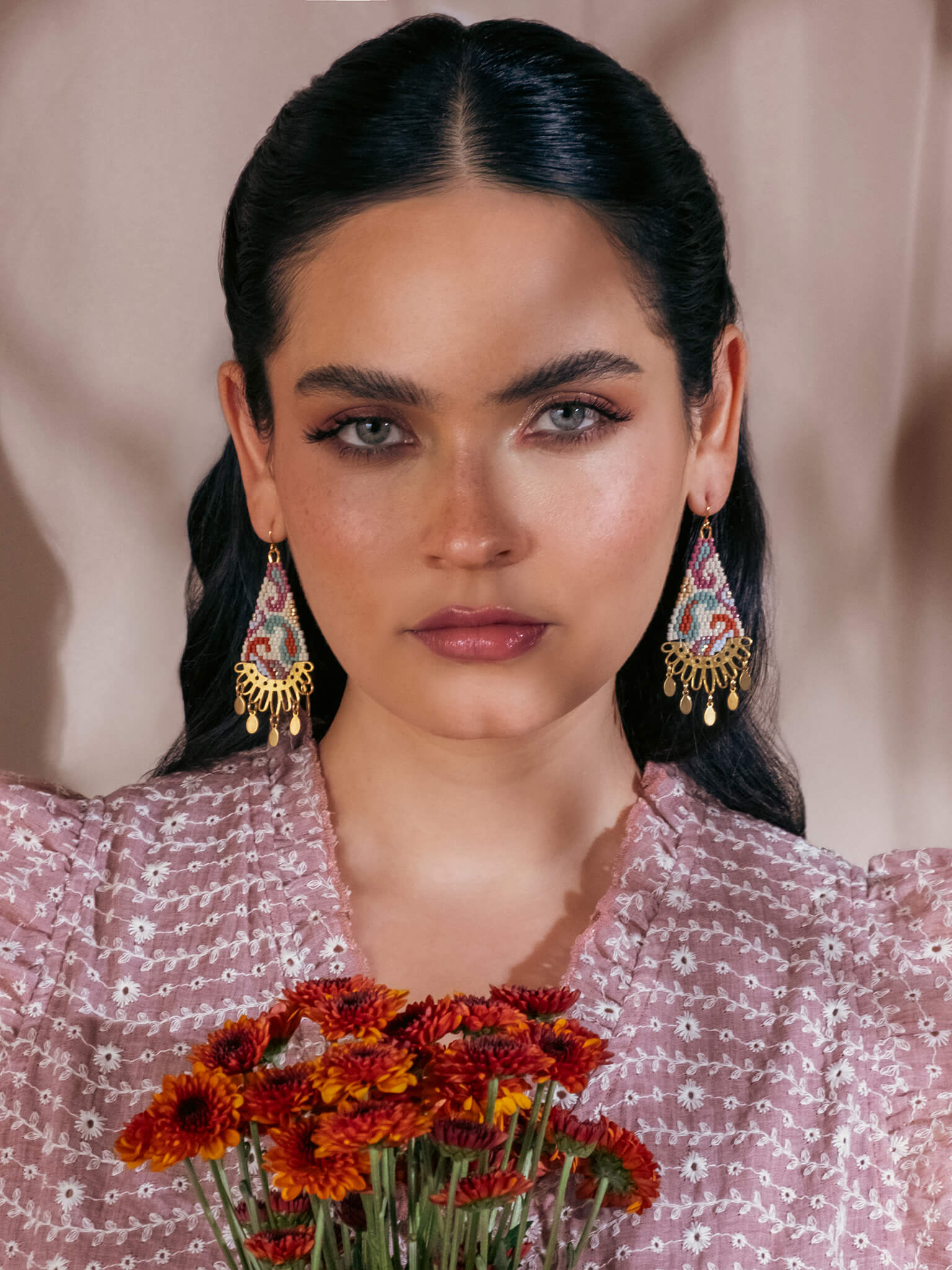 Beaded Handwoven Paisley Drop Earring (Beige)