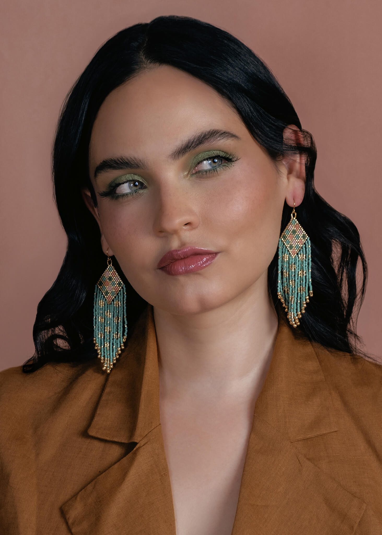 Beaded Handwoven Sari Fringe Earrings (Mint)