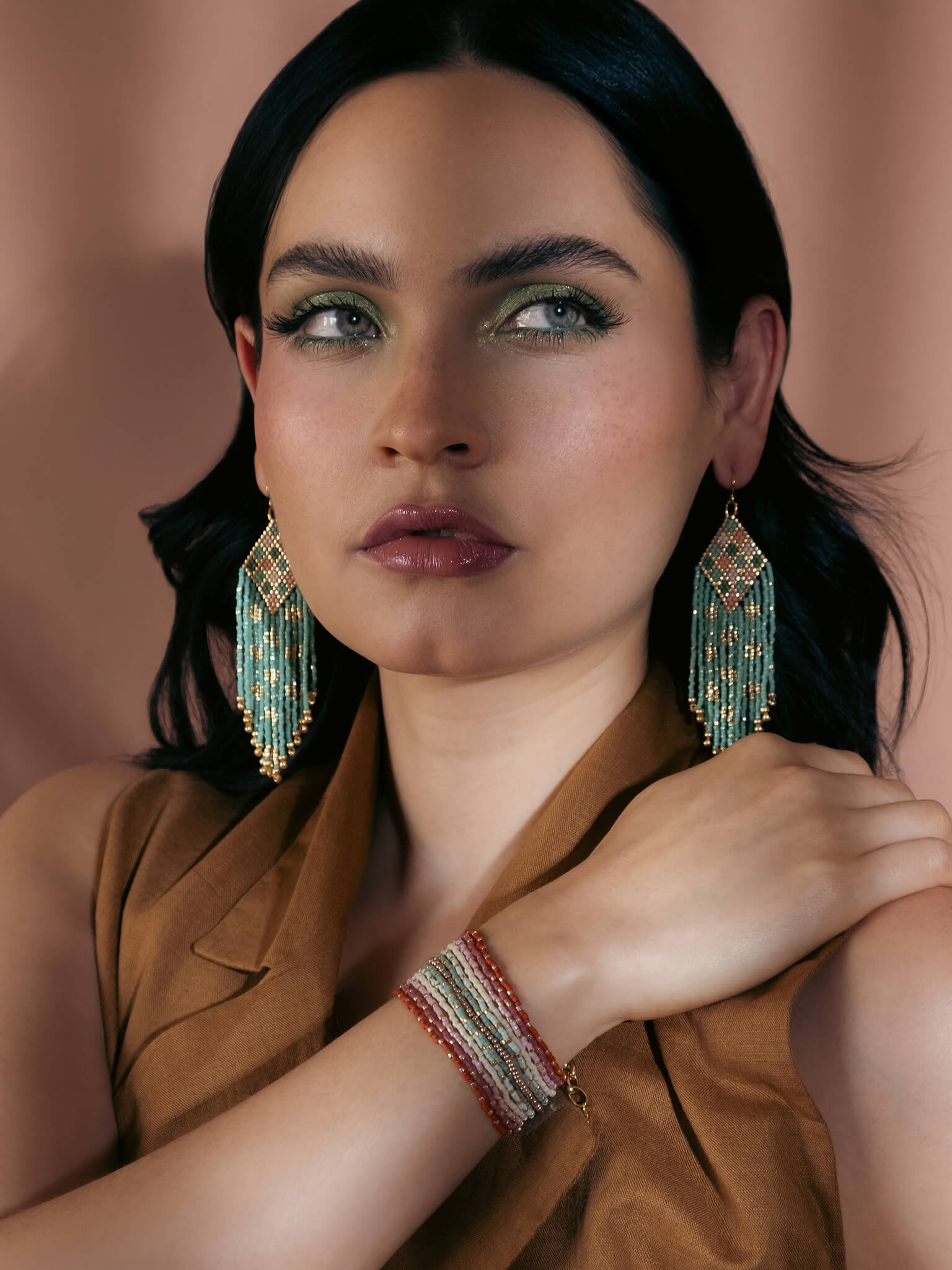 Beaded Handwoven Sari Fringe Earrings (Mint)