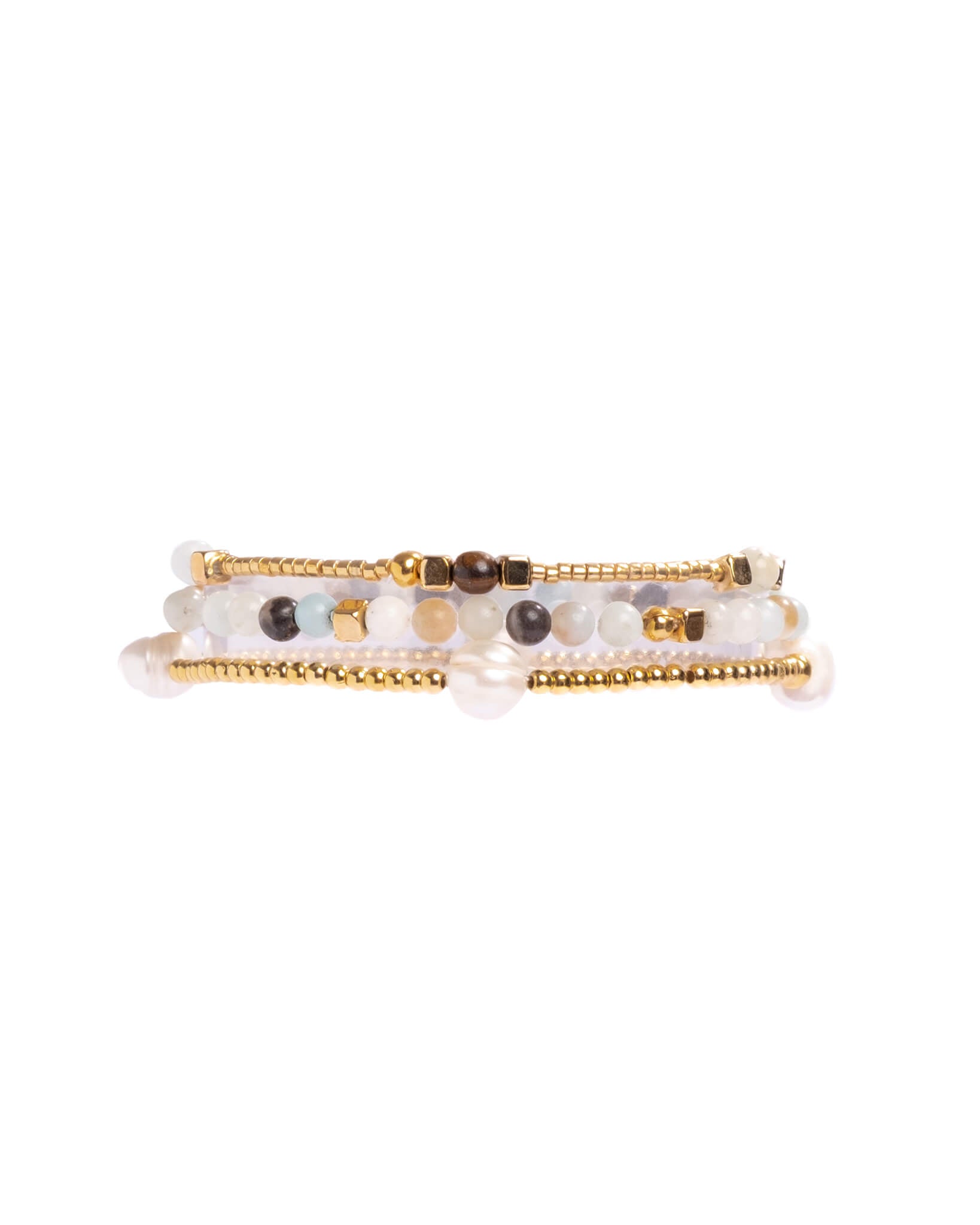Bracelet with gold and white beads on a white background