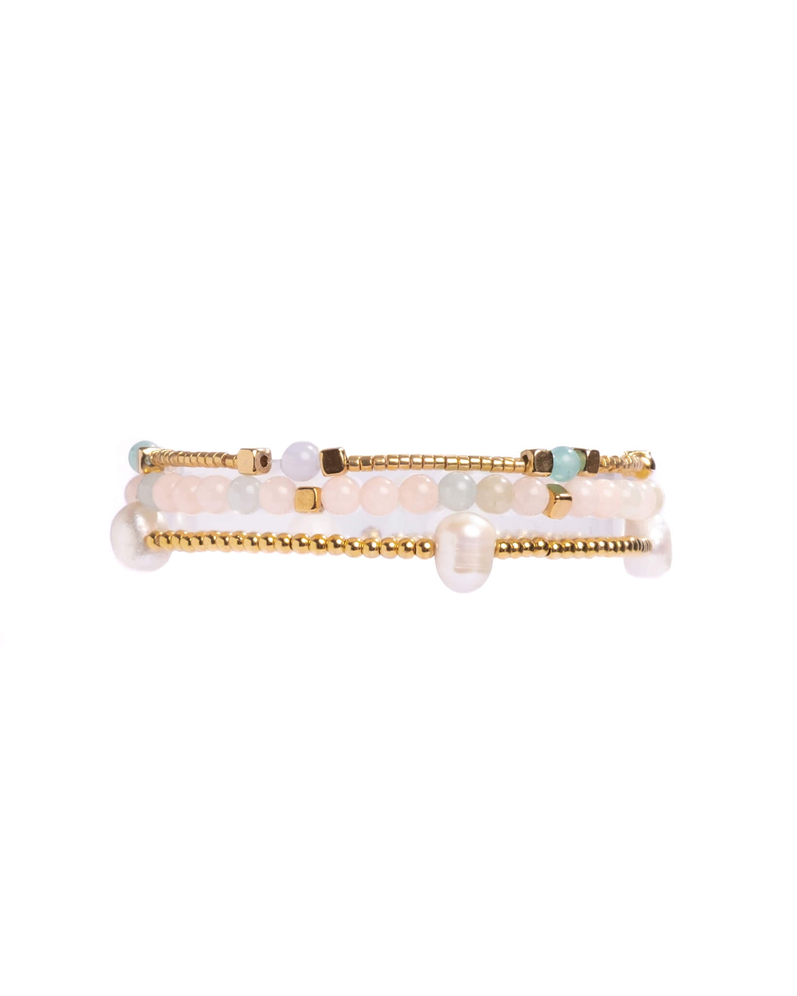 Two beaded bracelets with gold accents on a white background