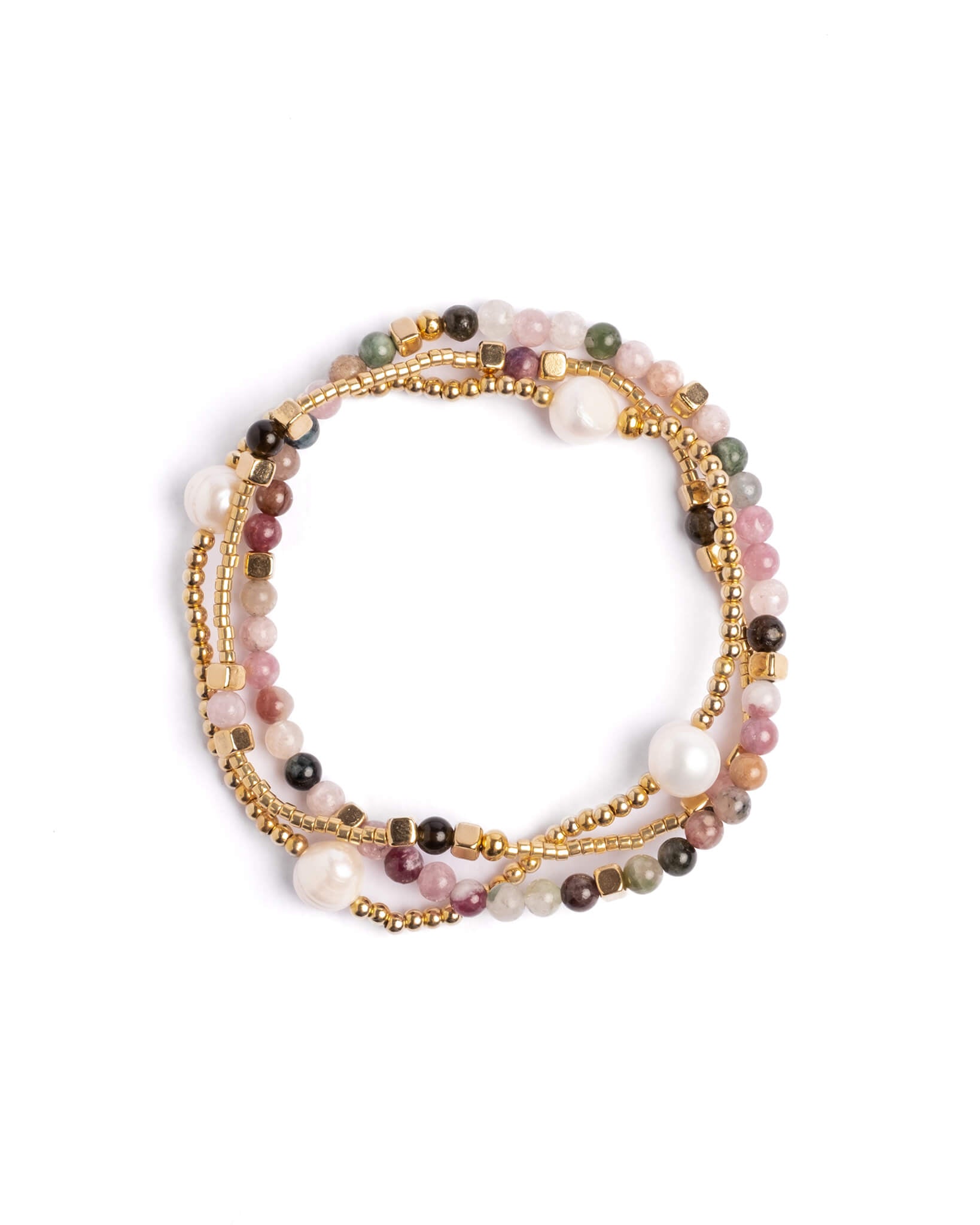 Set of multicolored beaded bracelets on a white background