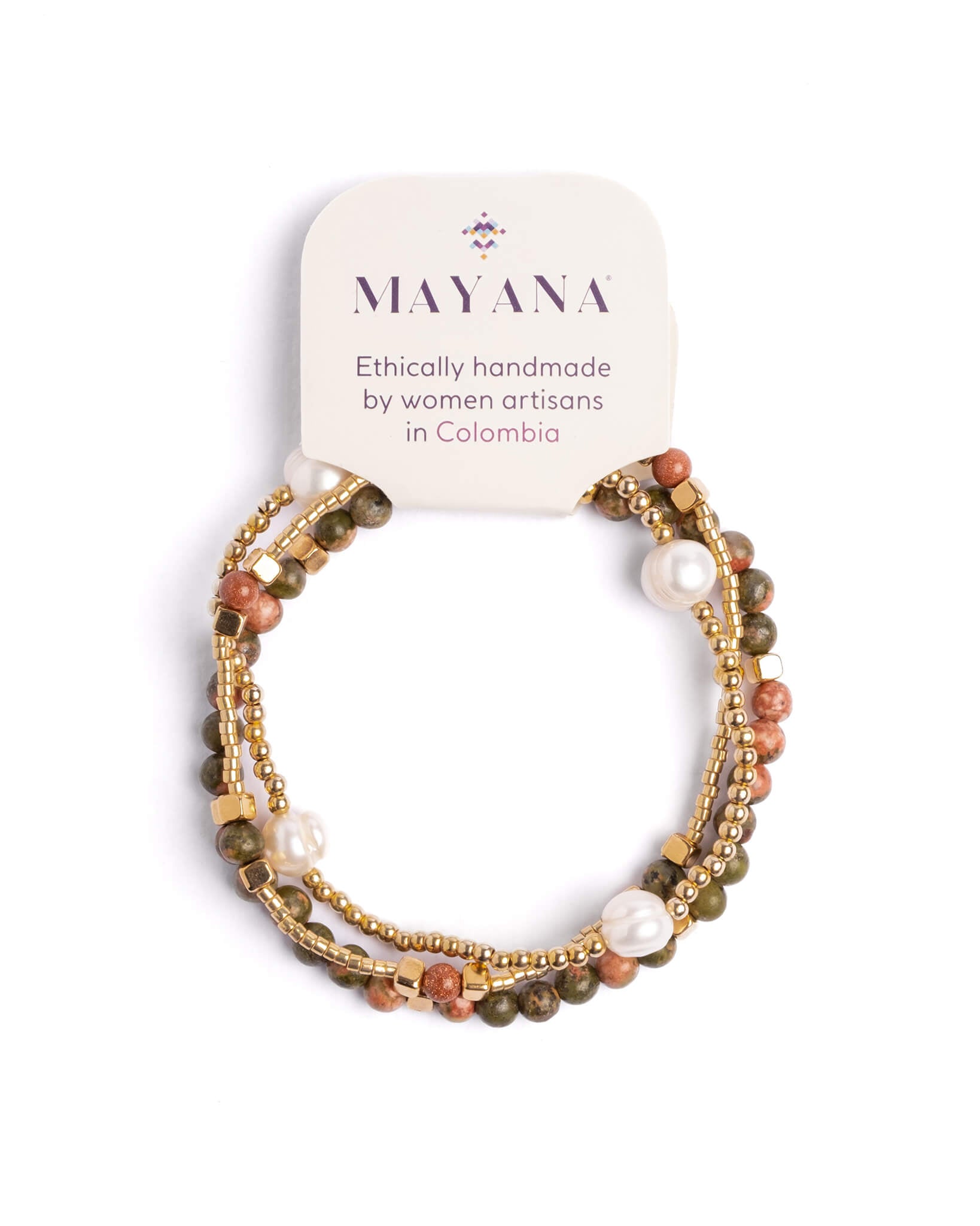 Set of beaded bracelets with pearl accents on a Mayana branded card