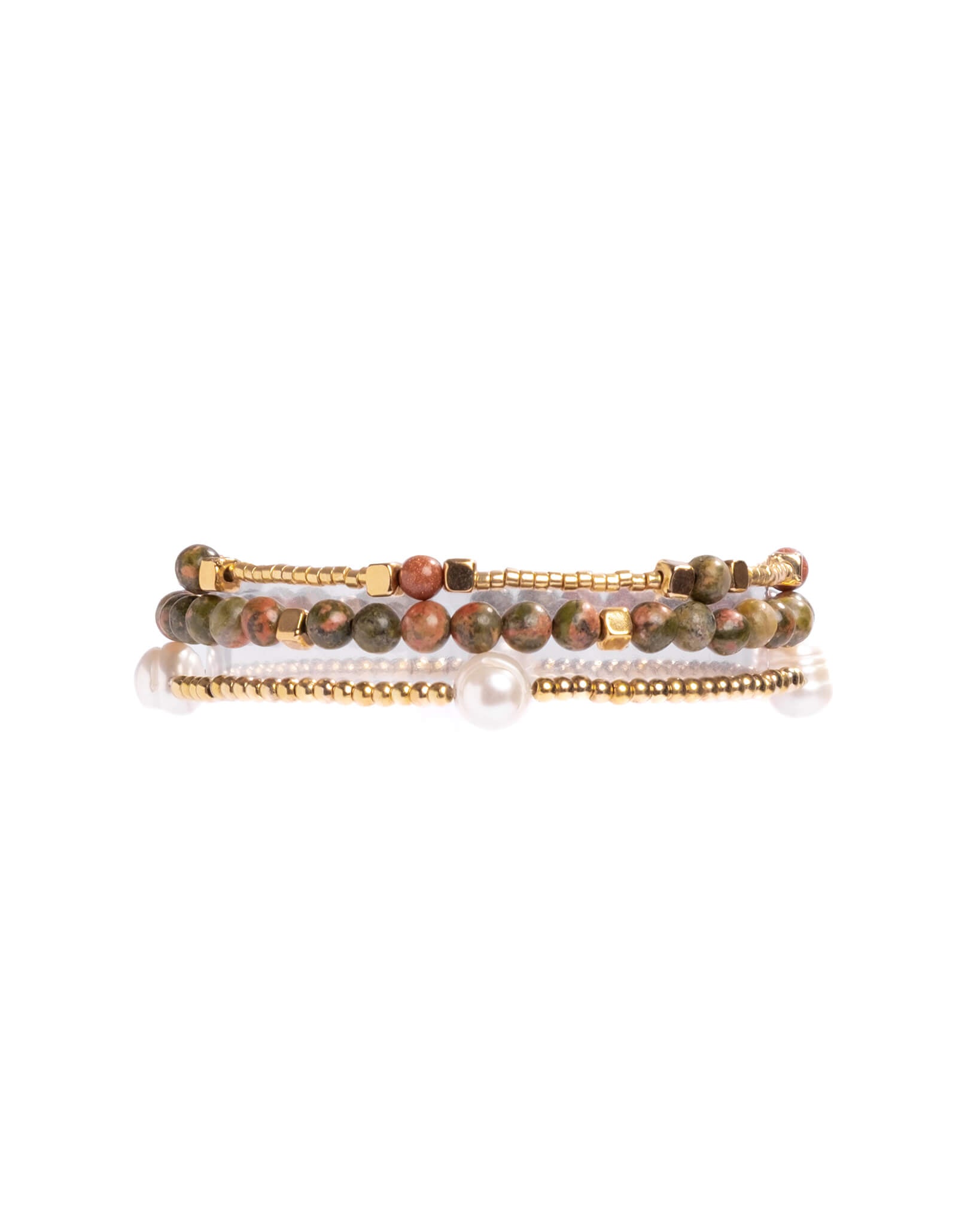 Set of two beaded bracelets on a white background