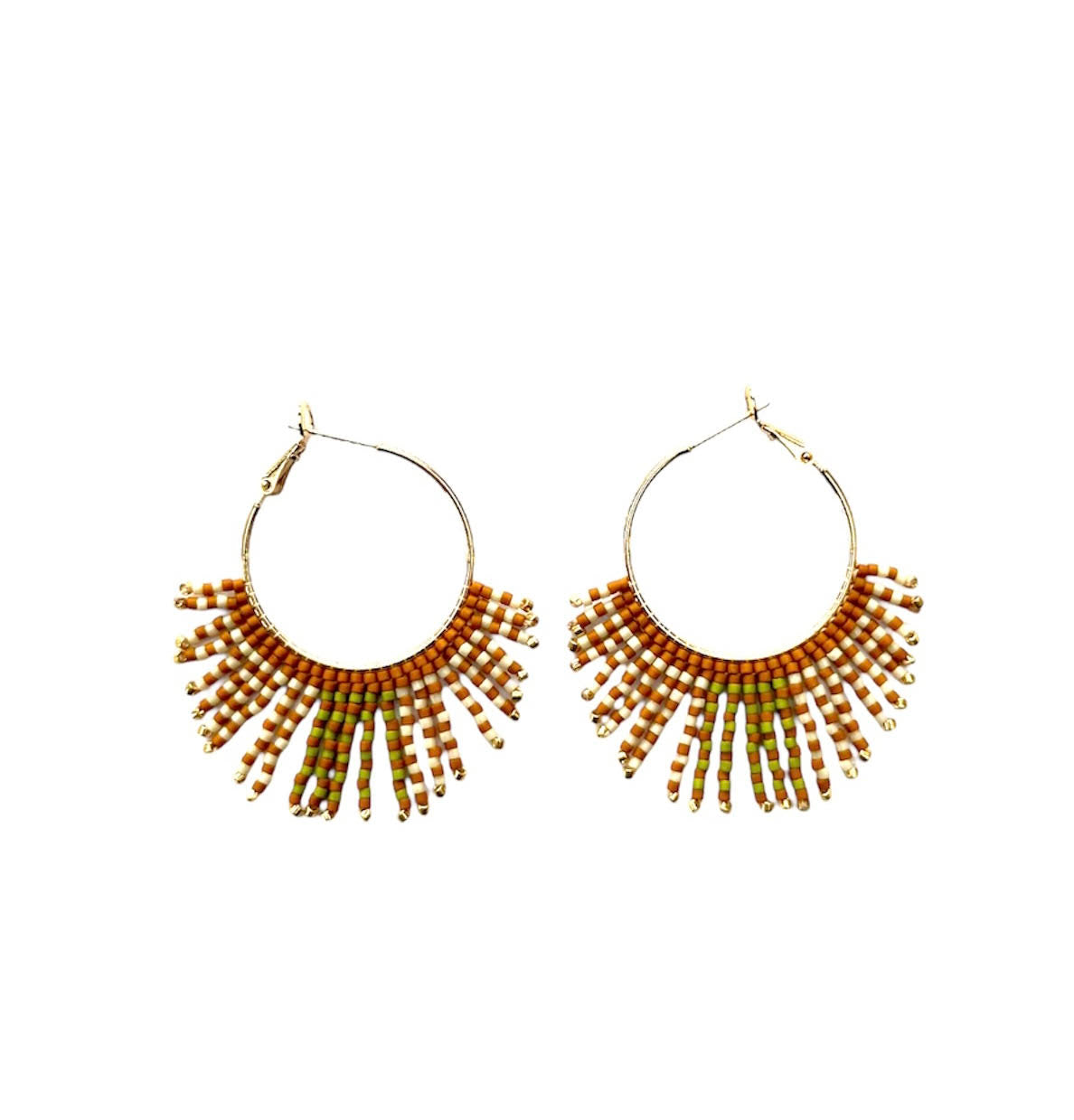 Handwoven Beaded Feathered Hoop Earrings