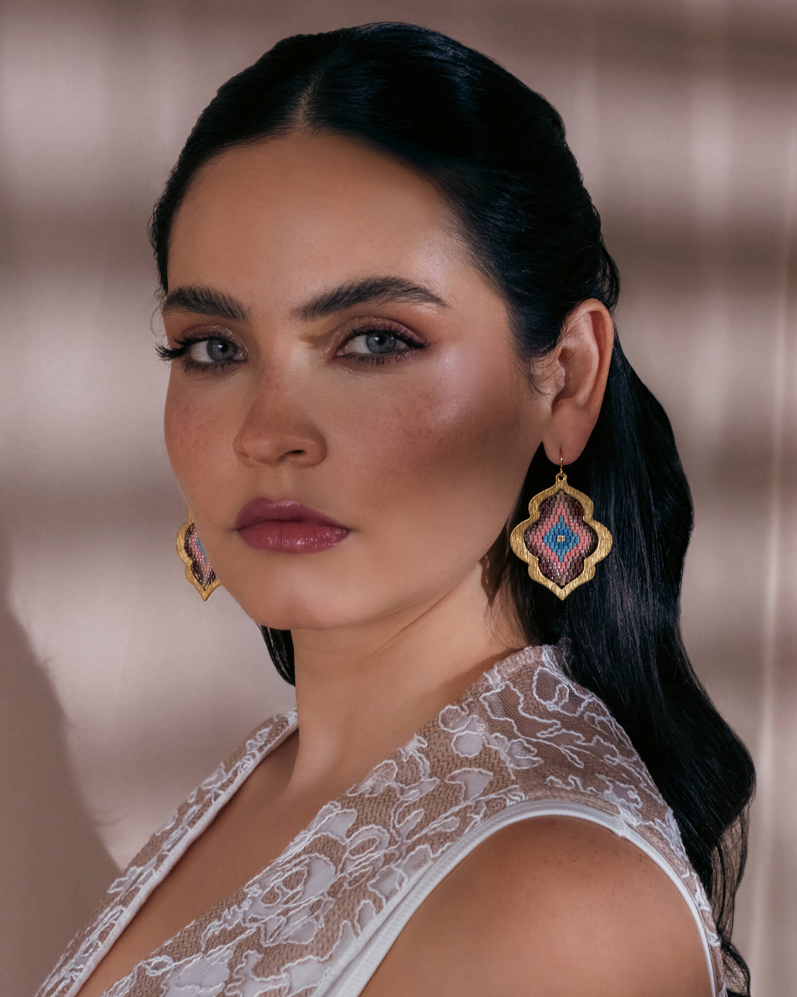 Beaded Handwoven Window Drop Earring (Green/Pink)