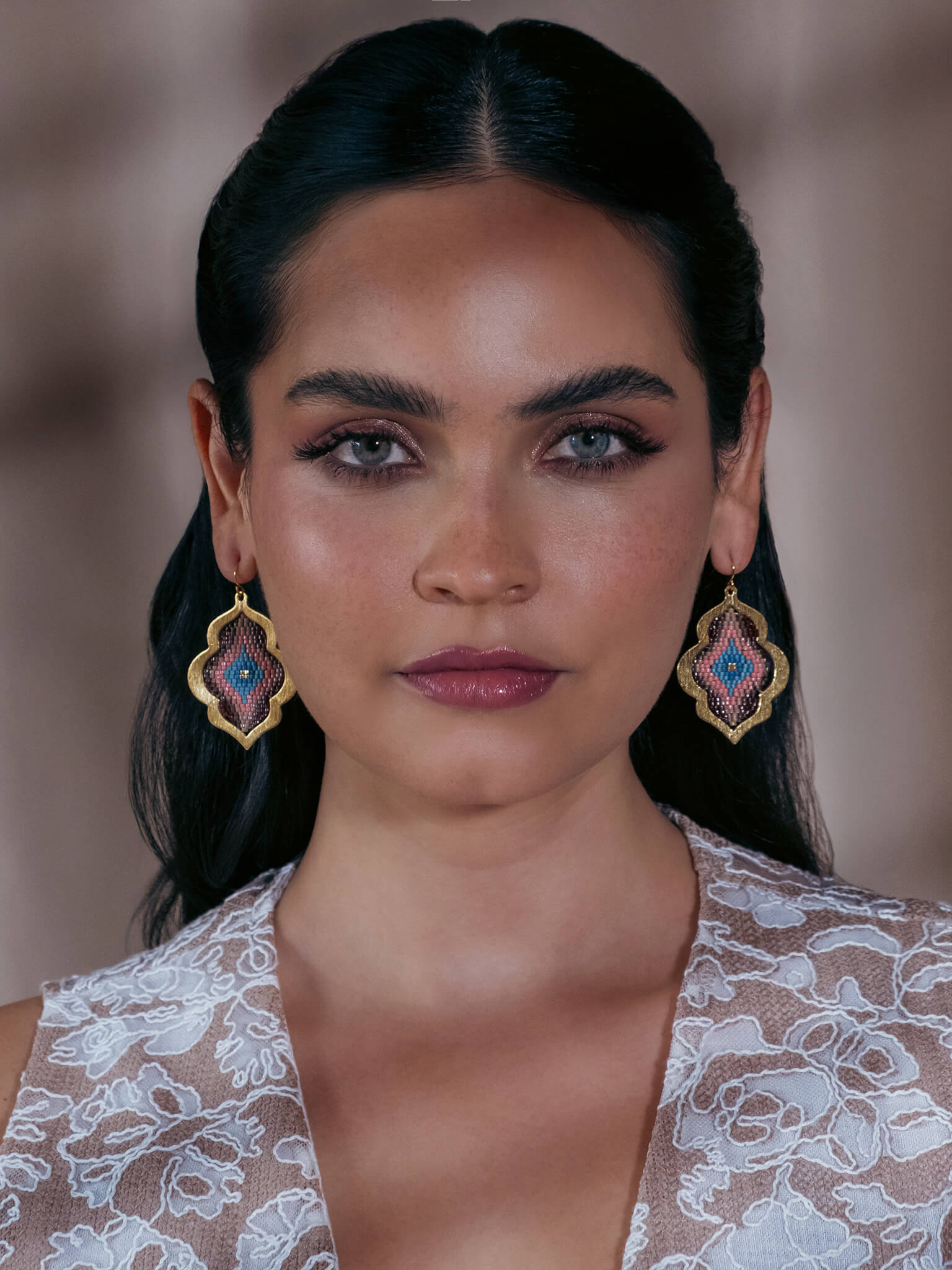 Beaded Handwoven Window Drop Earring (Green/Pink)