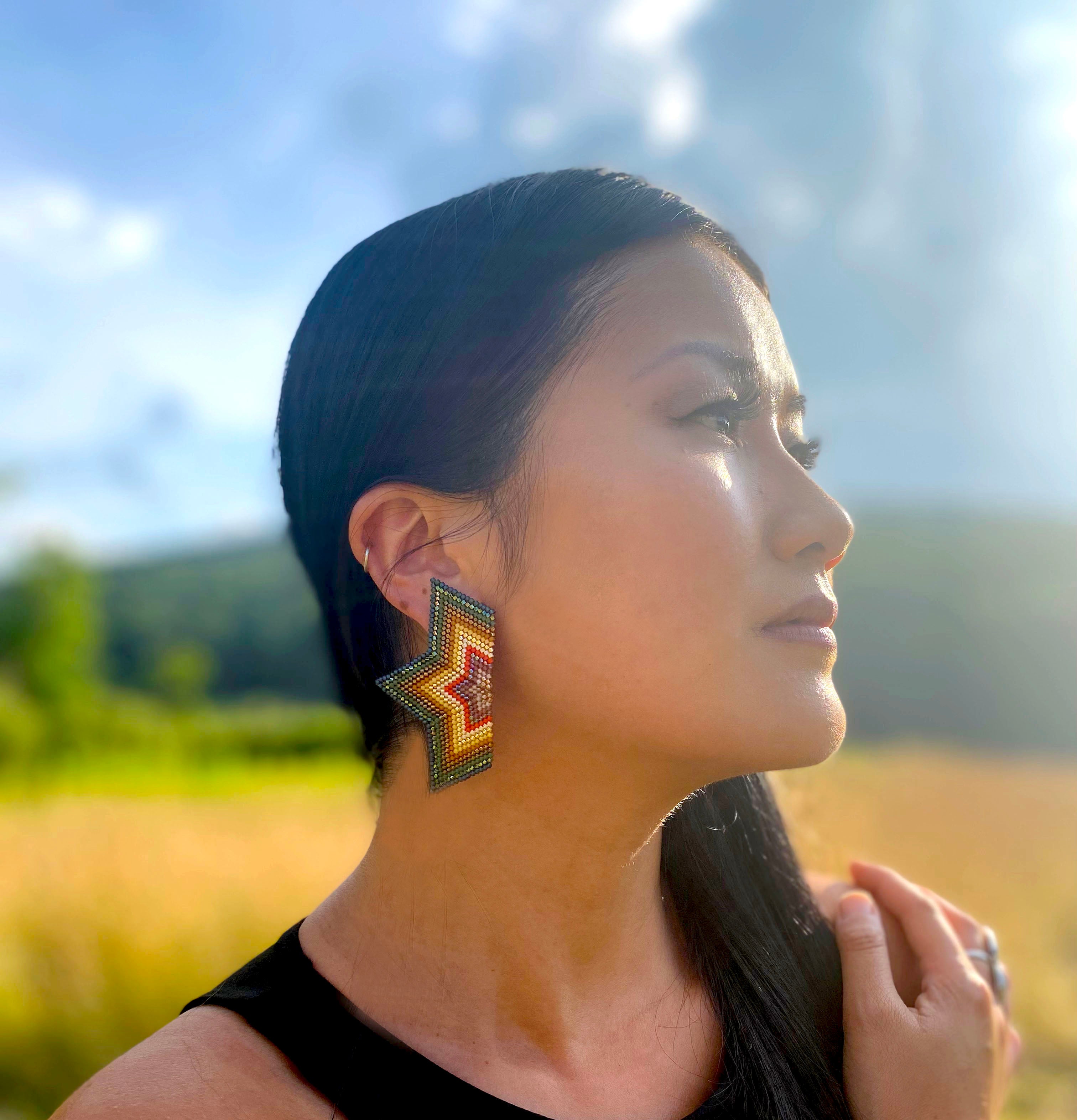Beaded Handwoven Large Half Star Earrings - Olive/Gold
