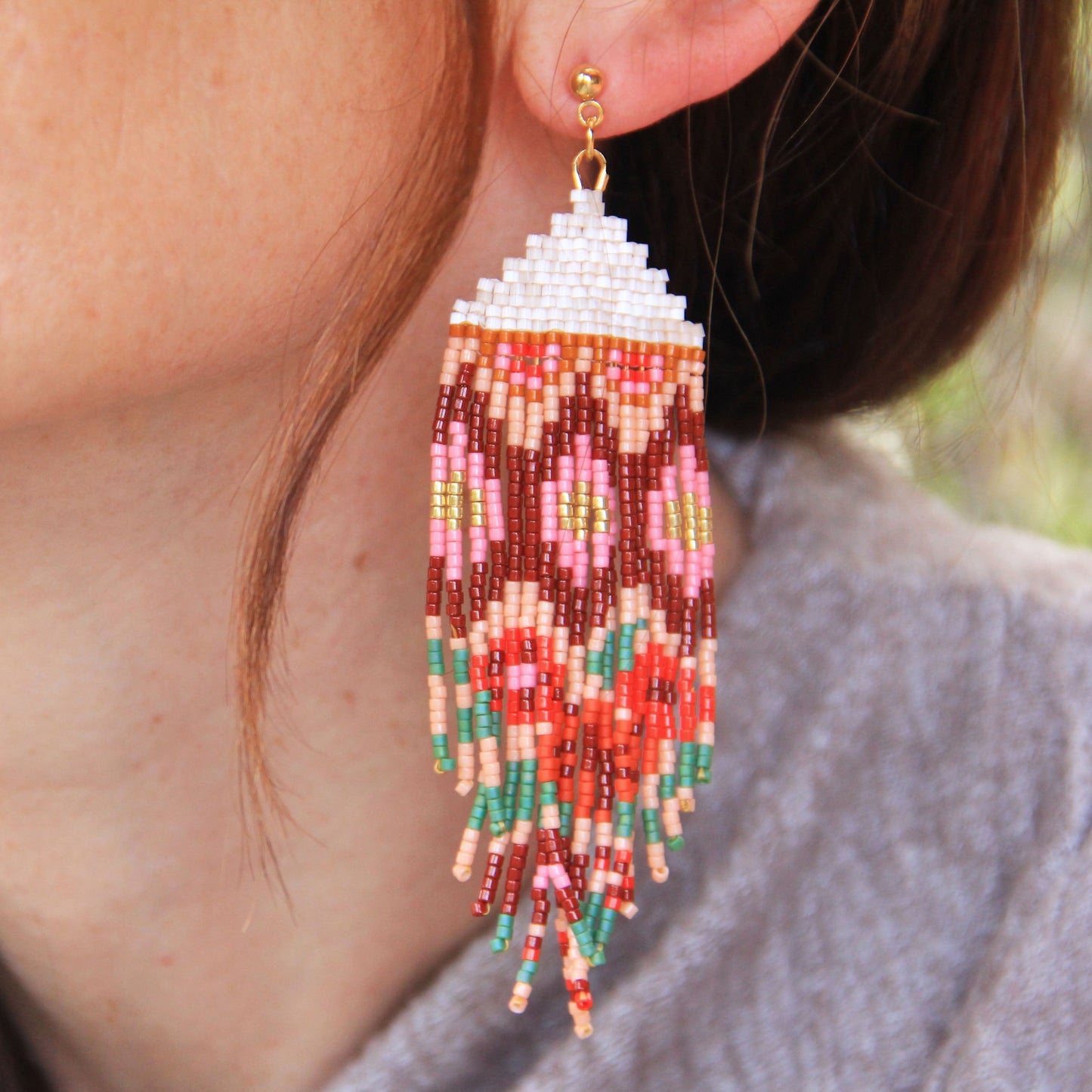 Beaded Handwoven Huipil Fringe Earrings