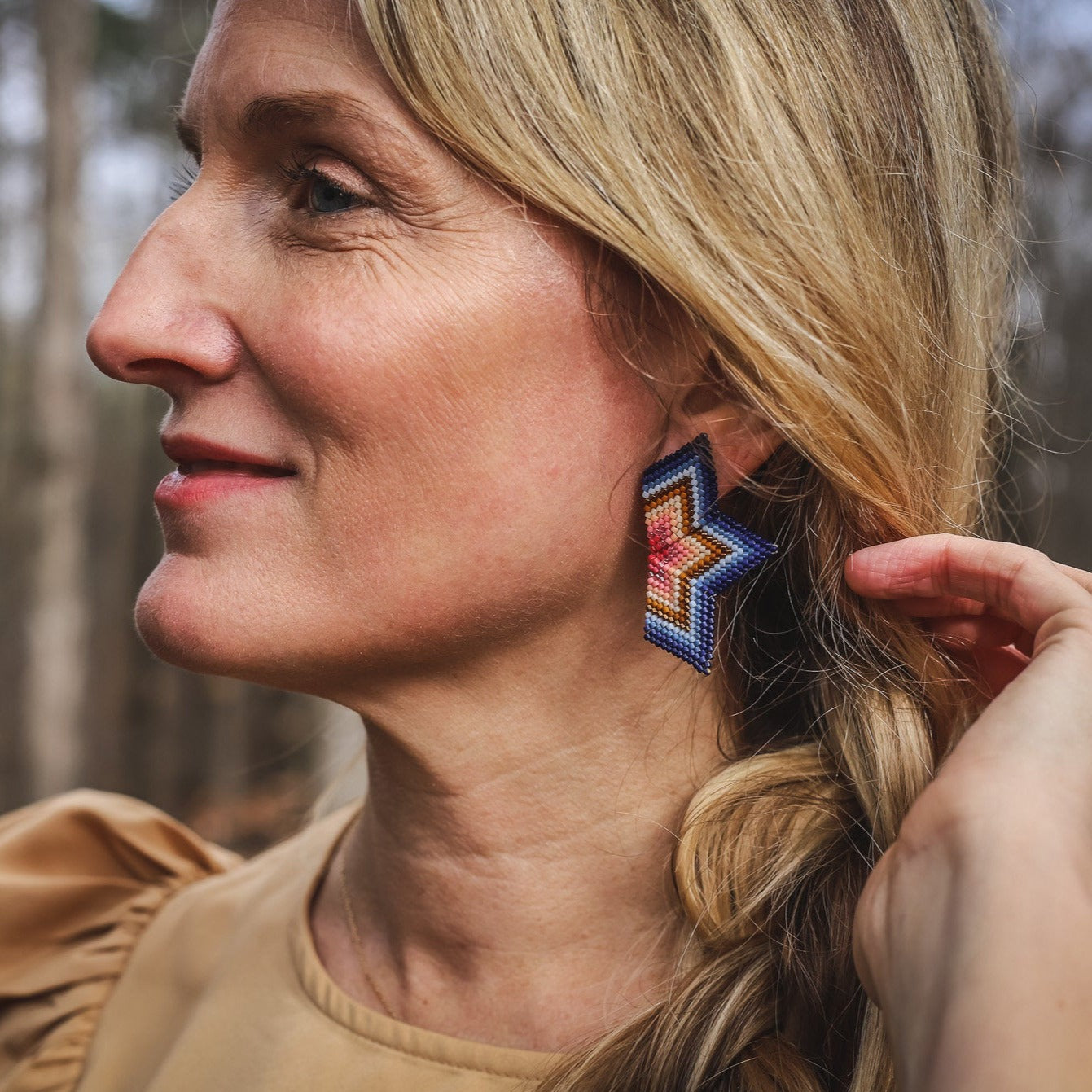 Beaded Handwoven Medium Half Star Earrings - Blue/Pink