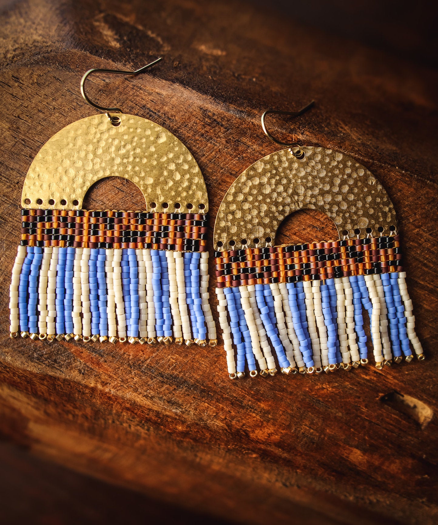 Beaded Handwoven Striped Fringe Earrings